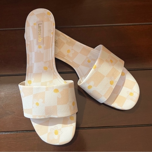 LARROUDÉ Ivy Checker Print Leather Slide Sandals Ivory Size 7 NWOB - Picture 1 of 7
